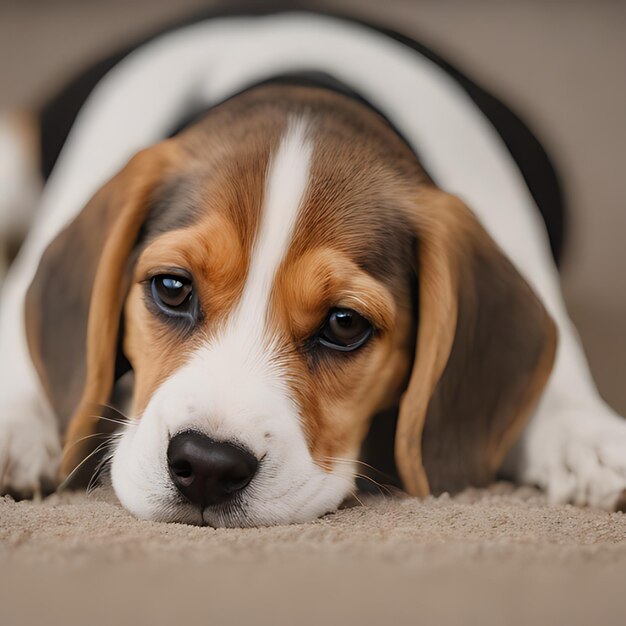 胸に白いストライプが付いたカーペットの上に横たわっているビーグル犬