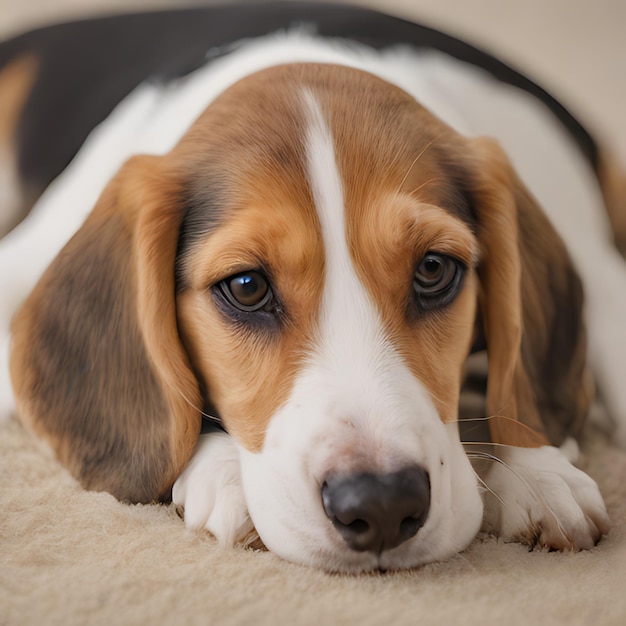 a beagle dog laying on a carpet with a white stripe on its face