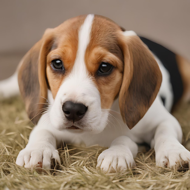 a beagle dog laying on a rug with his eyes open