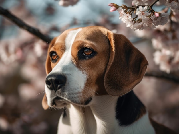 桜の木に対するビーグル犬の肖像画