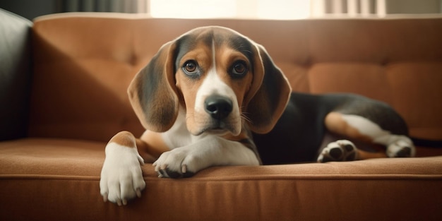 beagle dog sitting on the brown sofa