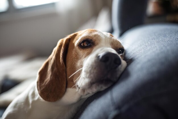 疲れたビーグル犬が太陽の光でソファで眠る