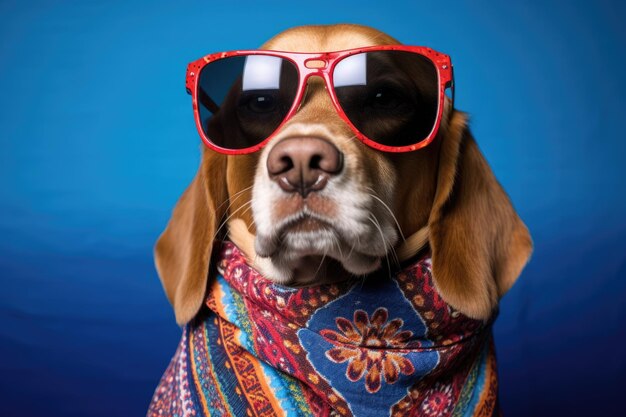 Beagle dog wearing blue sunglasses and a bandana in a car