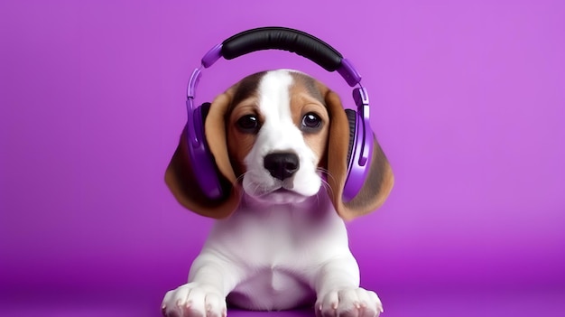 Beagle dog wearing headphones on purple background