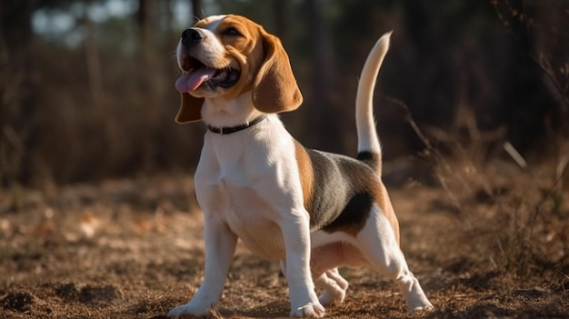 首輪と首輪をつけたビーグル犬が森の中に立っています。