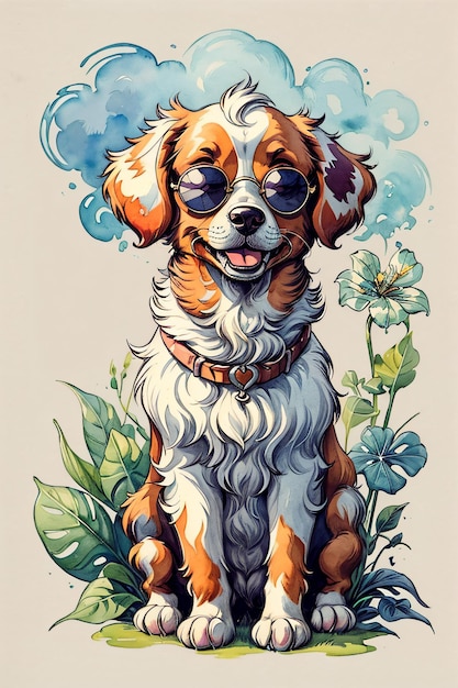 Beagle Dog with Modern Sunglasses in Watercolor Style