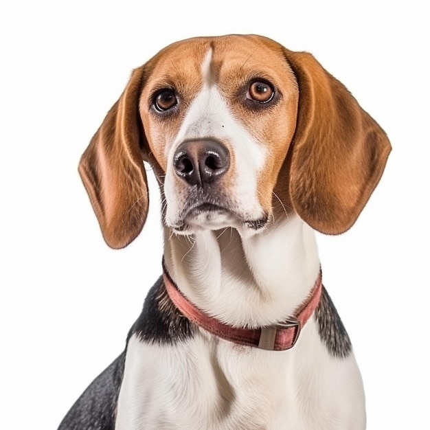 A beagle dog with a red collar sits in front of a white background.