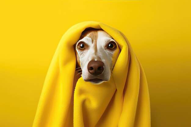 Beagle dog wrapped in yellow blanket with wide eyesxa