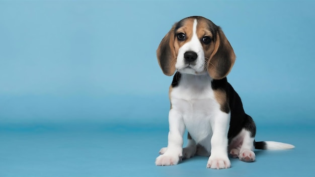 Beagle driekleurige puppy poseert schattig witbruin zwart hondje of huisdier zit op blauwe achtergrond