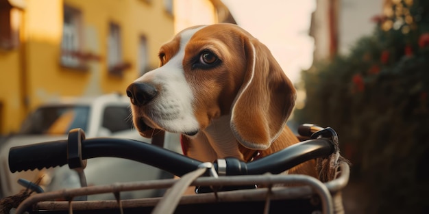 Beagle-hond heeft een leuke fietstocht op zonnige ochtend in de zomer op straat in de stad