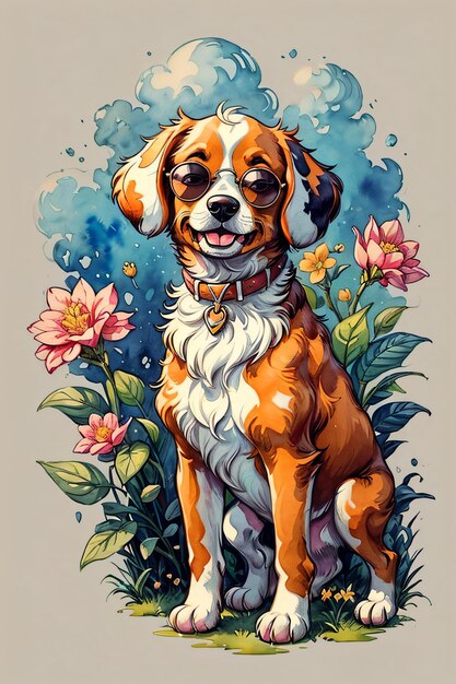 Beagle-hond met zonnebril in aquarelkunst