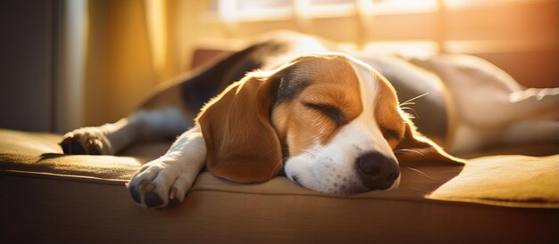 Beagle hond slapen binnen op zonnige bank close-up van poot