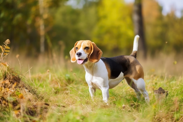 Beagle hond spelen in het weiland bosgebied