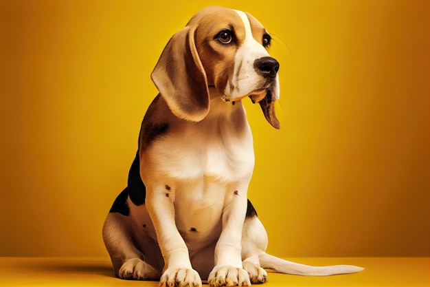 Beagle hondenras zittend op een gele achtergrond