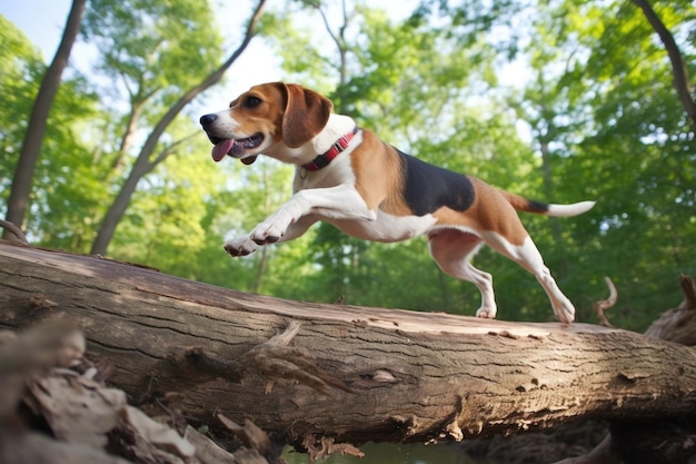 Beagle in actie springt over obstakel op geurspoor gemaakt met generatieve AI