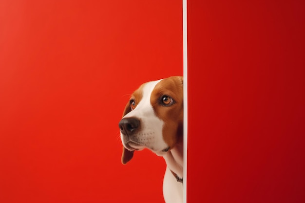 A beagle is lookingh through a coloured wall