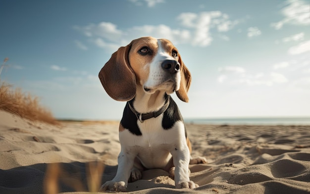 Beagle is sitting on the beach professional advertising post photo ai generated