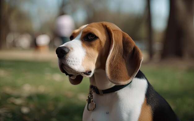 Photo beagle is sitting on the grass in the park professional advertising post photo ai generated