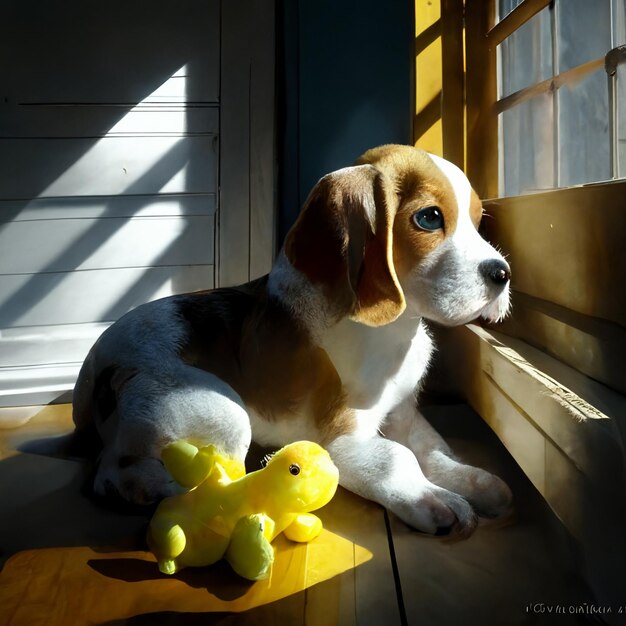 A beagle is sitting in a window and looking out the window.