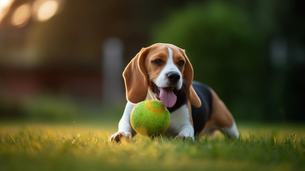 テニスボールをくわえて草の上に横たわるビーグル犬。