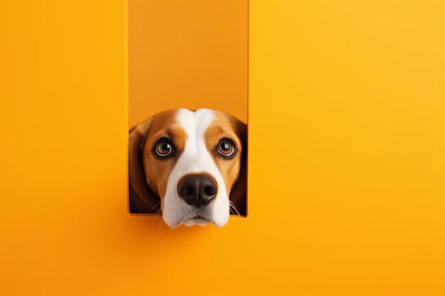 A beagle looking through a hole in a yellow wall