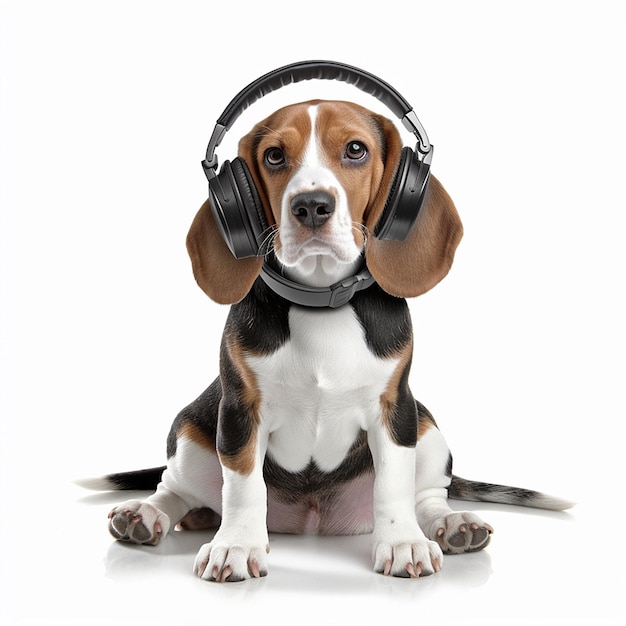 beagle pet dog using headphone listening music illustration