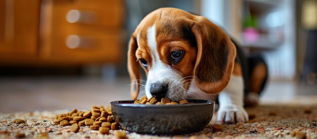 Photo beagle puppy eating from bowl