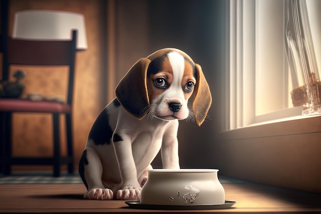 Beagle puppy eten in het huis schattig dier