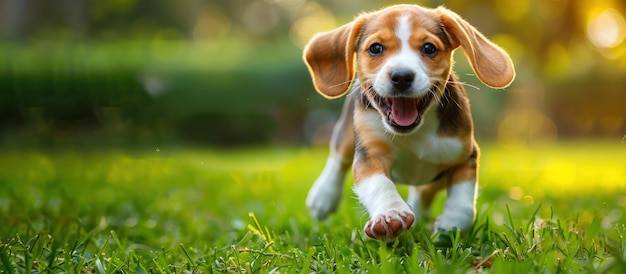 Beagle puppy loopt door het gras