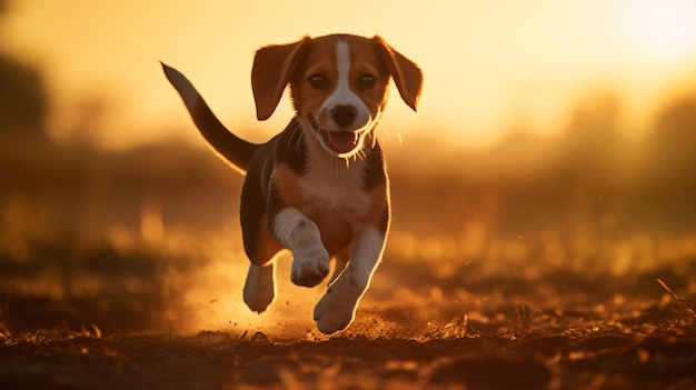 a Beagle puppy running through a field during a vibrant sunrise