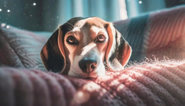 Foto cuccino di beagle sul divano animale domestico sullo sfondo della stanza di casa