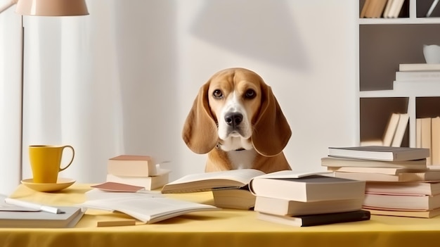 Beagle in sitting in a study with a mug and stacks of books