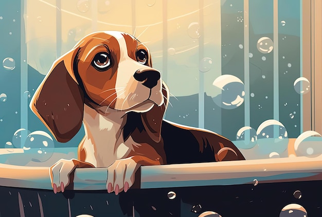 beagle sniffing at a bubble in the tub in the style of lofi aesthetics