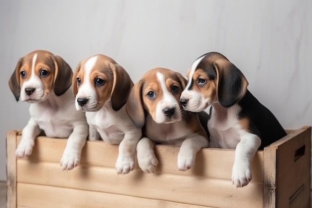 Beagle tricolor puppies are posing in wooden box cute doggies or pets playing on white wall look attented and playfulconcept of motion movement action negative space