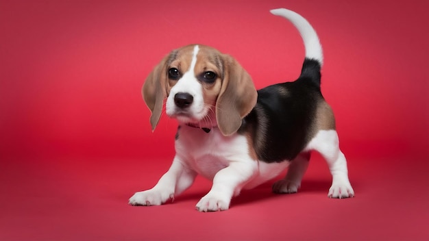 Photo beagle tricolor puppy is posing cute white braun black doggy or pet is playing on red background