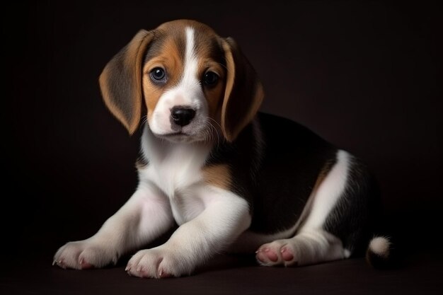 Beagle tricolor puppy is posing cute whitebraunblack doggy or pet is playing on grey background