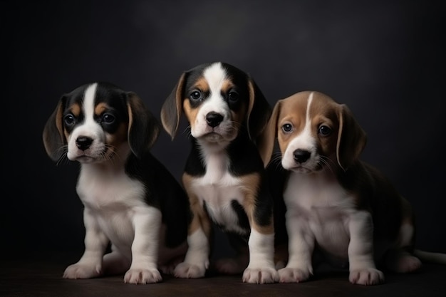 Beagle tricolor-puppy's poseren schattige witbraunzwarte hondjes of huisdieren die op een grijze achtergrond spelen