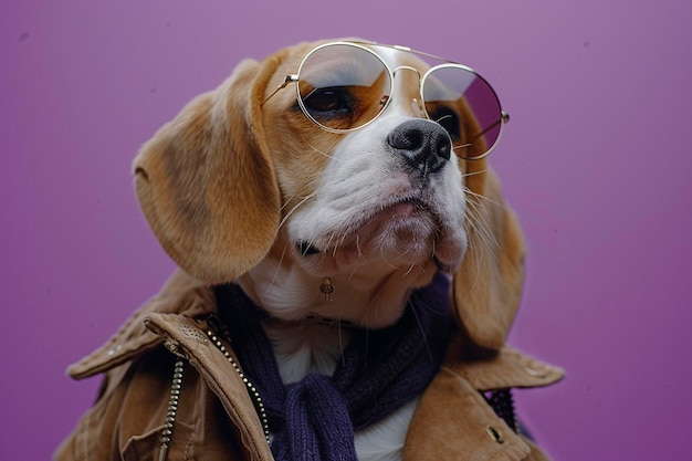 Beagle wearing clothes and sunglasses on Purple background