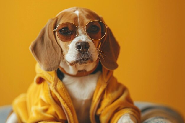 Beagle wearing clothes and sunglasses on Yellow background