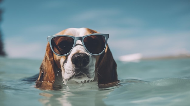 A beagle wearing sunglasses swims in the ocean.