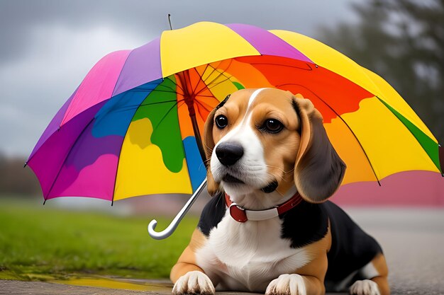 Beagle with a Colorful Umbrella