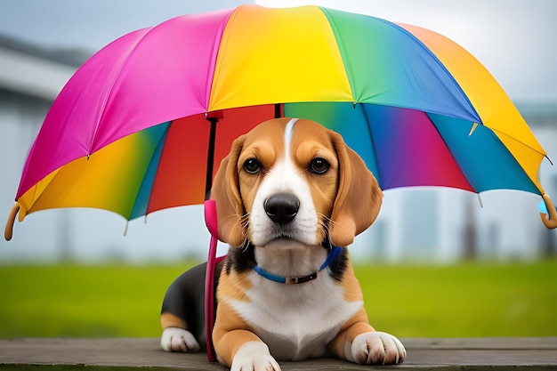 Beagle with a Colorful Umbrella