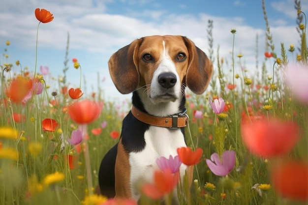 生成AIで作られた花の畑で鼻を地面に置いたビーグル