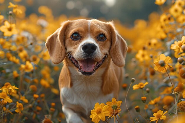 Beagle zit in een veld van gele bloemen bij zonsondergang Huisdierenverzorging Dierenwelzijnscampagnes Dierarts