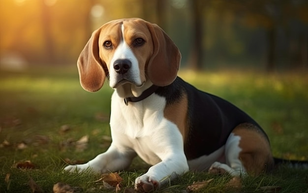 Beagle zit op het gras in het park professionele reclame post foto ai gegenereerd