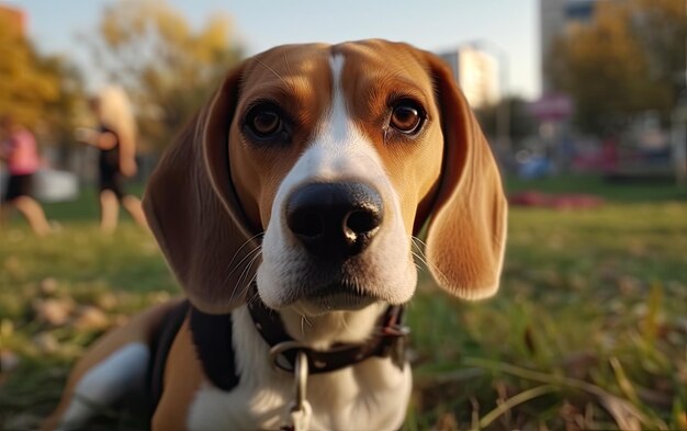 Beagle zit op het gras in het park professionele reclame post foto ai gegenereerd