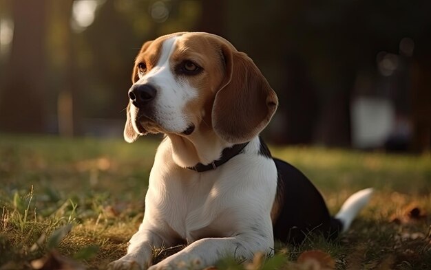 Beagle zit op het gras in het park professionele reclame post foto ai gegenereerd