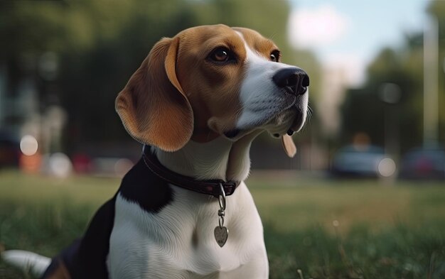 Beagle zit op het gras in het park professionele reclame post foto ai gegenereerd