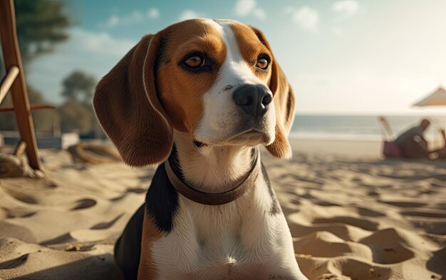 Beagle zit op het strand professionele reclame post foto ai gegenereerd