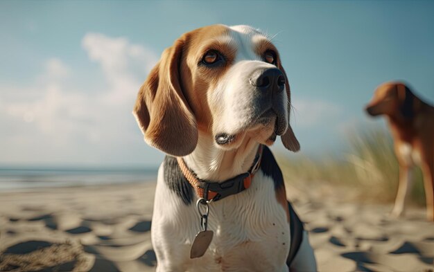 Beagle zit op het strand professionele reclame post foto ai gegenereerd